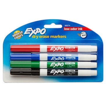 Expo Low Odor Assorted Color Fine Dru Erase Markers, 4-count