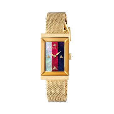 Gucci Women's G Frame Stainless Steel Case Red White Blue Dial Gold Mesh Watch, 34mm