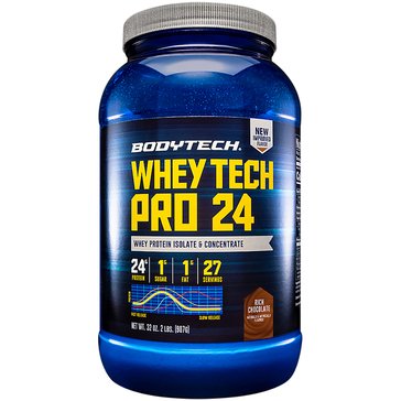 BodyTech Whey Tech Pro 24 Rich Chocolate Whey Protein Isolate & Concentrate Powder, 27-servings 