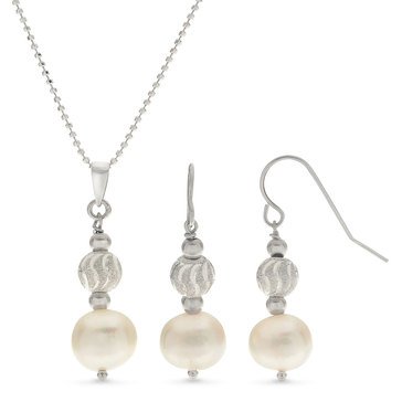Imperial Freshwater Cultured Pearl and Stardust Bead Sterling Silver Pendant and Earring Set