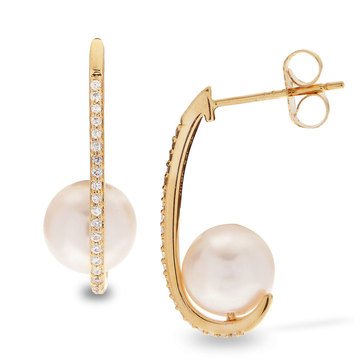 Imperial Akoya Cultured Pearl and Diamond Hoop Earrings, 14K