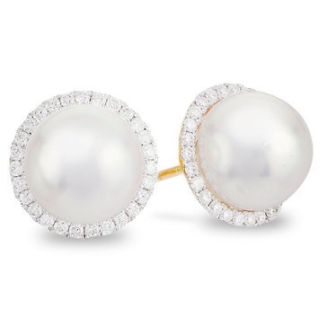 Imperial 8-8.5mm Akoya Cultured Pearl and Diamond Halo Earrings, 14K
