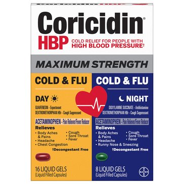 Coricidin HBP Maximim Strength Cold & Flu Day Night Liquid Gels, 24-count