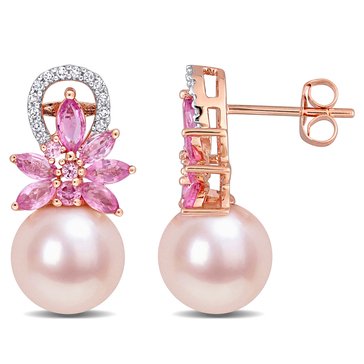 Sofia B. Pink Freshwater Pearl, Pink Sapphire, and 1/8 cttw Diamond Flower Drop Earrings