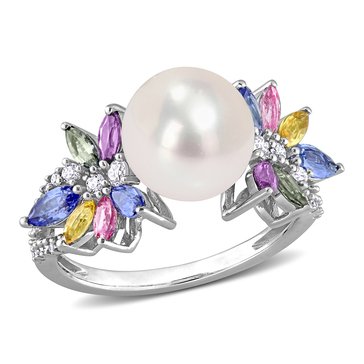 Sofia B. Cultured Freshwater Pearl, Multi-Sapphire and 1/8 cttw Diamond Flower Ring