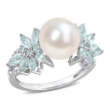 Sofia B. Cultured Freshwater Pearl, Aquamarine and 1/8 cttw Diamond Flower Ring
