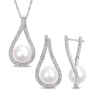 Sofia B. Cultured Freshwater Pearl and 1/2 cttw Diamond Teardrop Earrings & Pendant Set