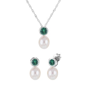 Imperial Cultured Pearl & Created Emerald May Birthstone Set