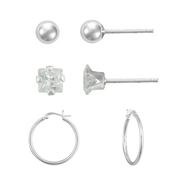 Sterling Silver Set Ball Round Cubic Zirconia Hoop